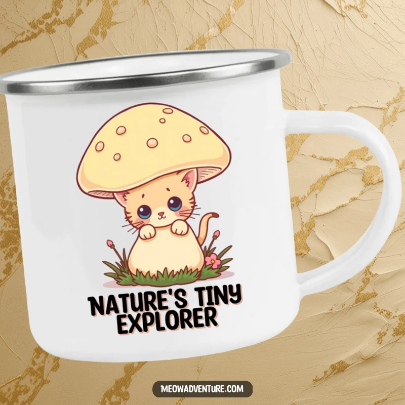 Funny camping mug with a curious kitten peeking from behind a giant mushroom, perfect for enjoying drinks on the go with a humorous touch.