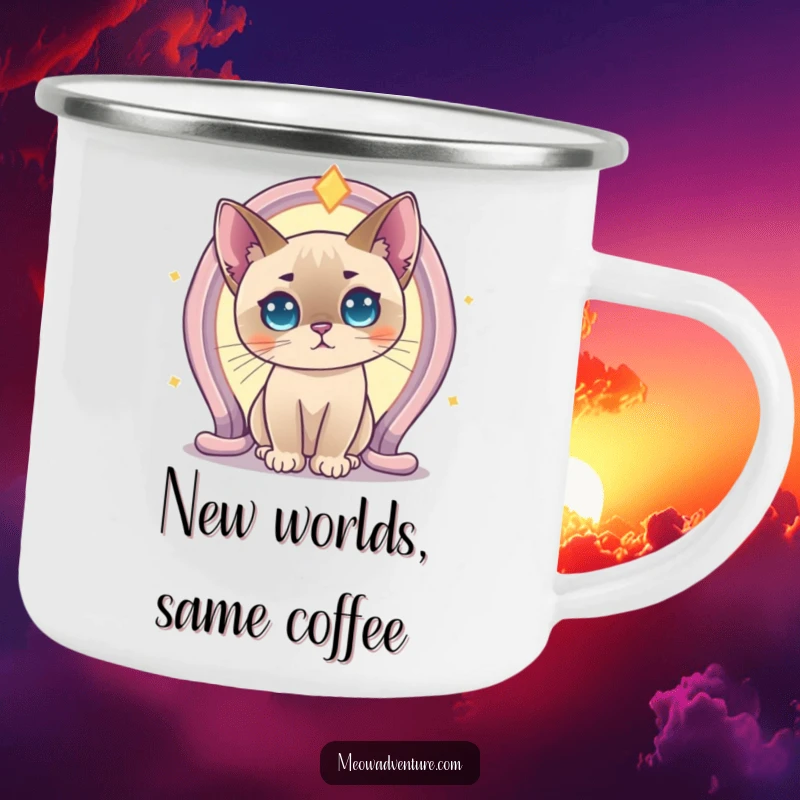 Funny Curious Siamese Cat Portal Camping Mug with a Siamese cat peering into a vibrant magical portal. A durable and amusing mug.