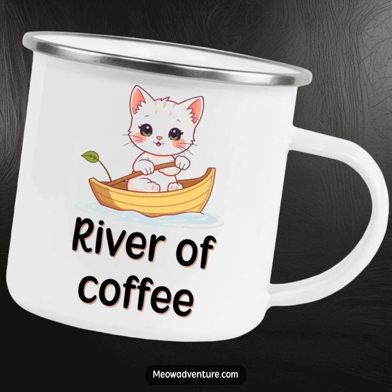 Funny camping mug showing a kitten rowing a leaf boat, perfect for enjoying drinks during outdoor adventures with a humorous touch.