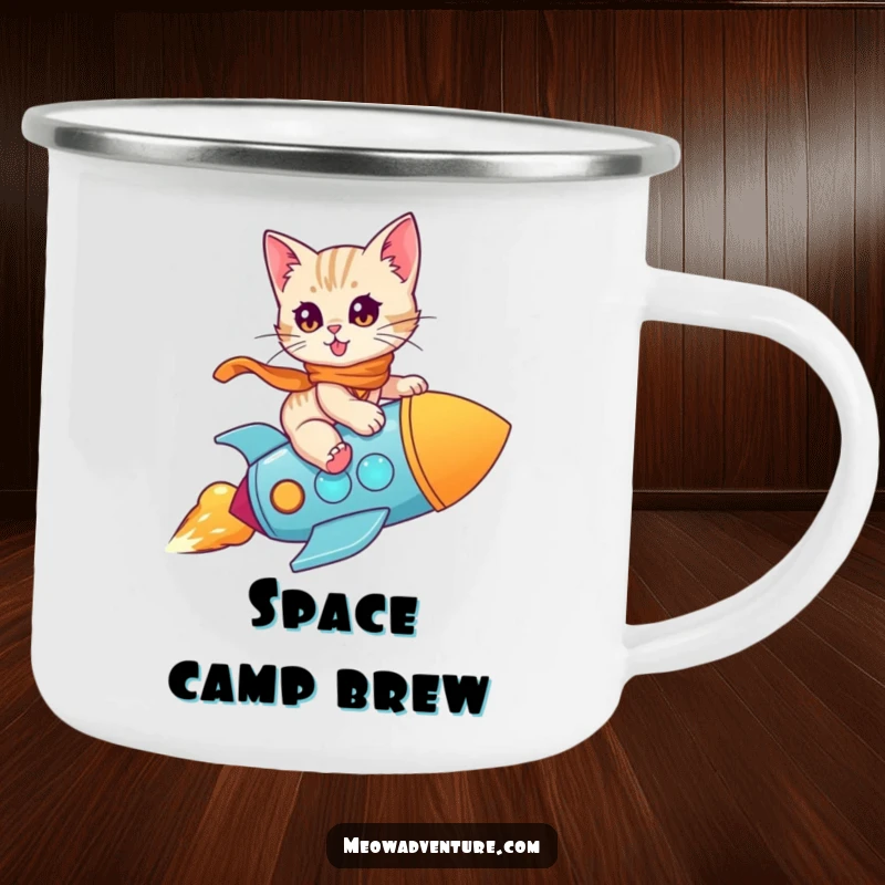 Funny Kitten Rocket Camping Mug: A brave kitten rides a toy rocket, perfect for enjoying drinks around the campfire with a humorous twist.