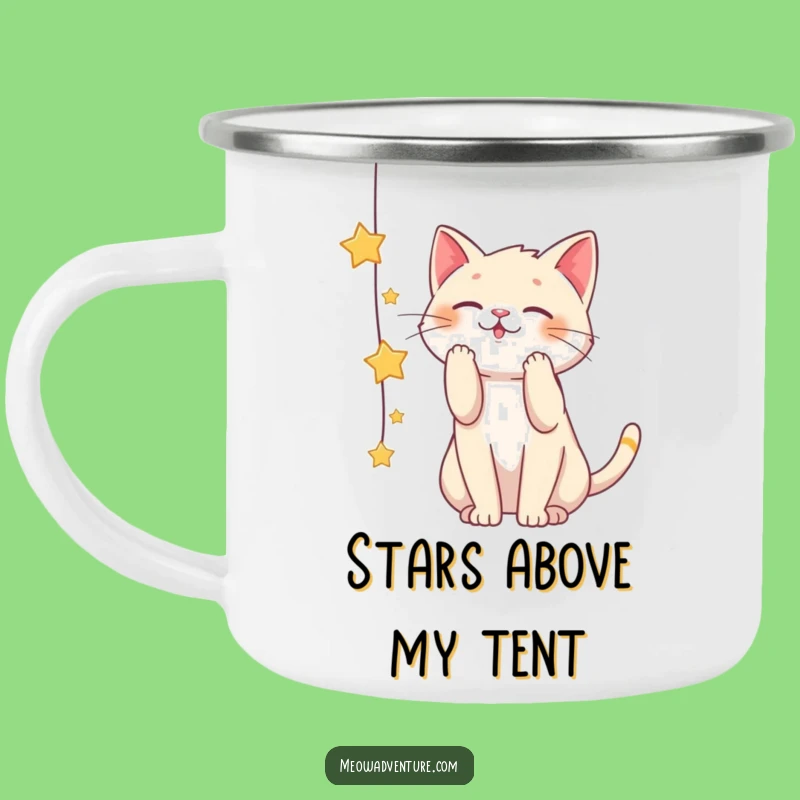 Funny Playful Cat Star String Camping Mug: Reach for Adventure