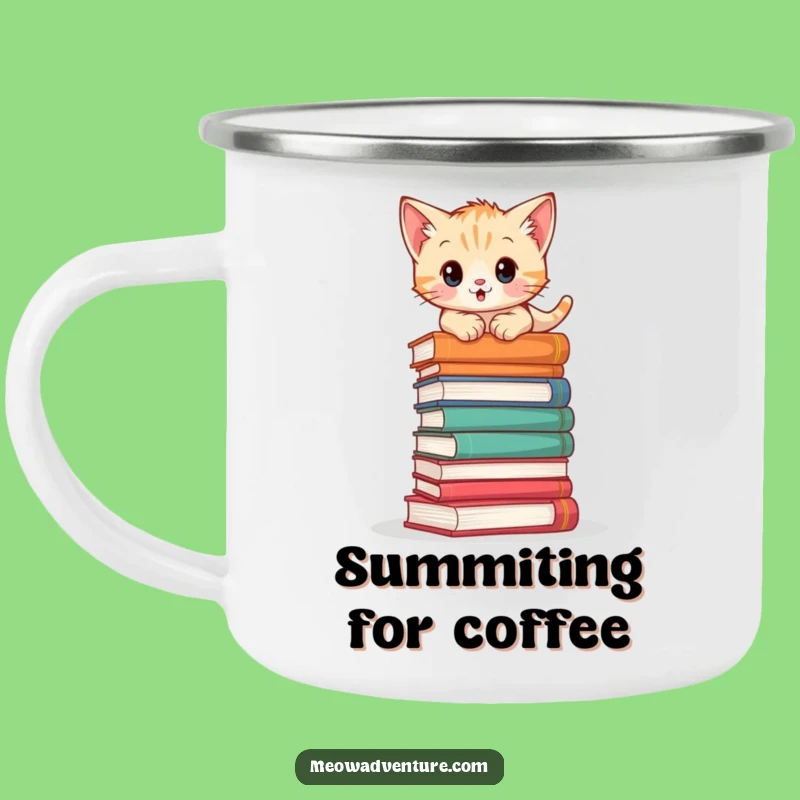 Adventurous Kitten Book Climb Camping Mug: Durable Drinkware for Literary Quests