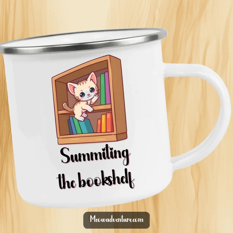 Funny curious kitten camping mug featuring a small cat scaling an oversized bookshelf. Sturdy and portable for literary enjoyment.