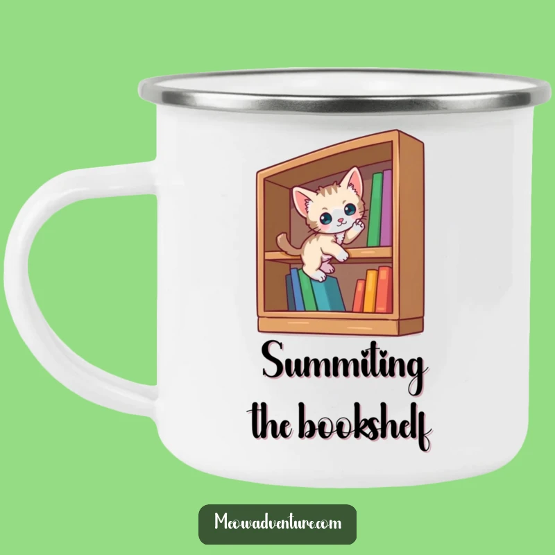 Funny Curious Kitten Camping Mug: Durable Bookshelf Scaling - Your Literary Adventure Companion!
