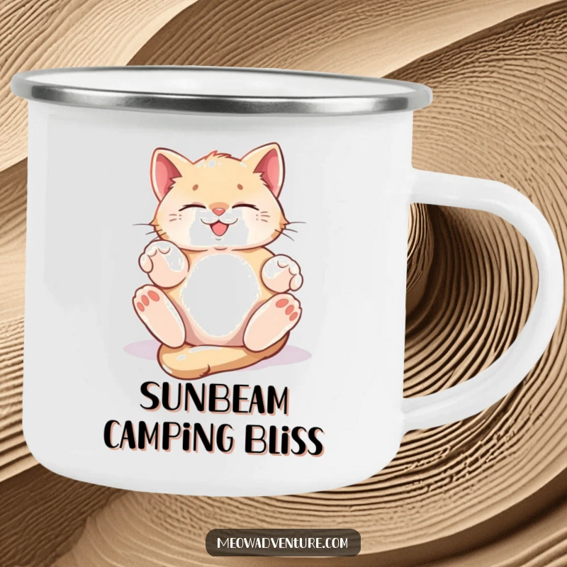 Funny Camping Mug with a kitten rolling blissfully in a sunbeam, a charming companion for nature enthusiasts.