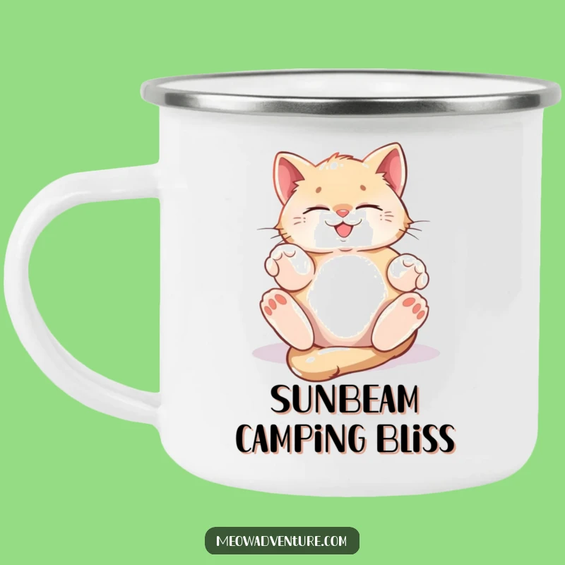 Funny Blissful Kitten Camping Mug: Enjoy Nature with Sunbeam Joy