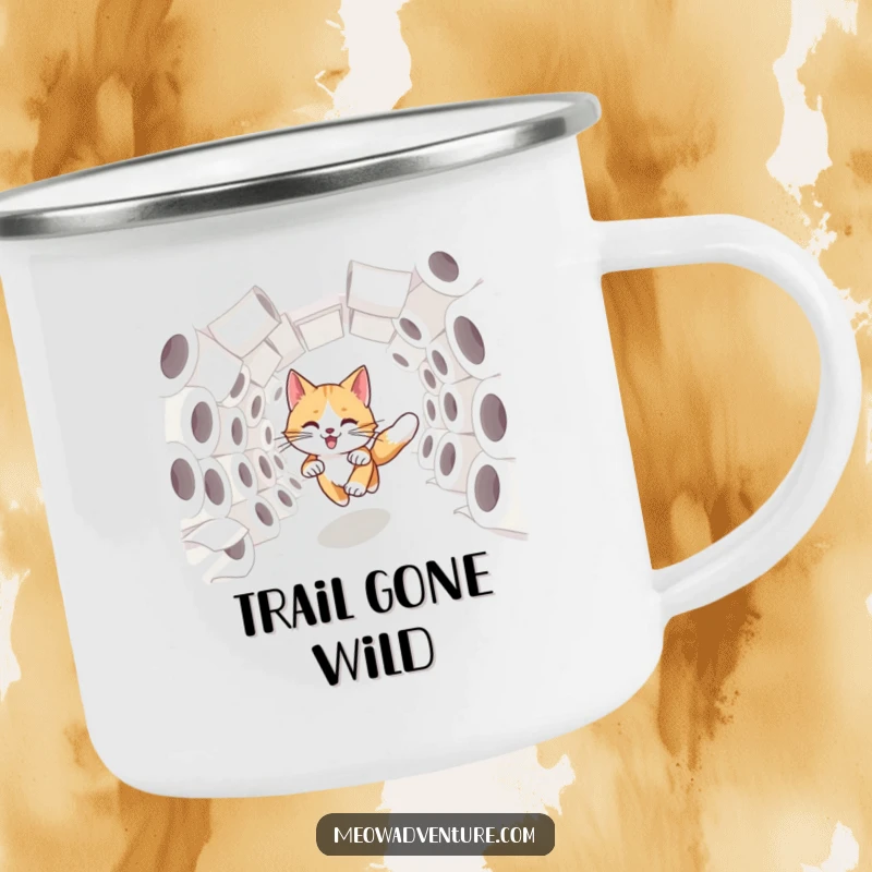 Funny swift cat dashing through a tunnel of toilet paper rolls, on a durable camping mug for outdoor fun.