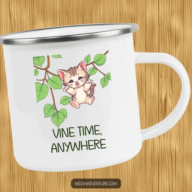 Funny camping mug with a kitten playfully pouncing on a vine, designed for outdoor fun and shared laughter, a unique gift.