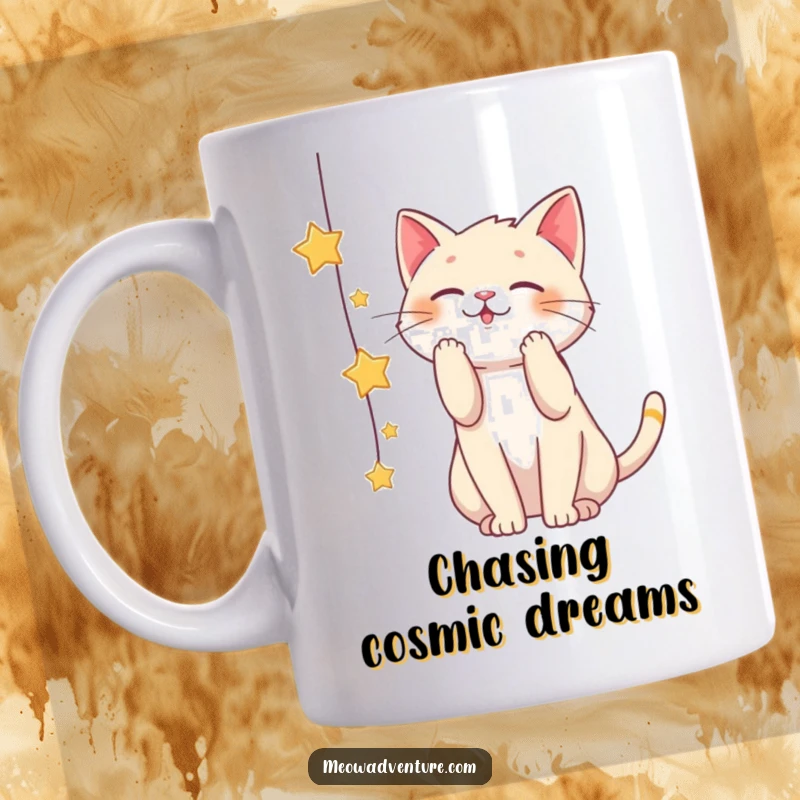 Funny mug depicting a playful cat batting at a string of twinkling stars, embodying wonder and a desire to reach for the impossible.