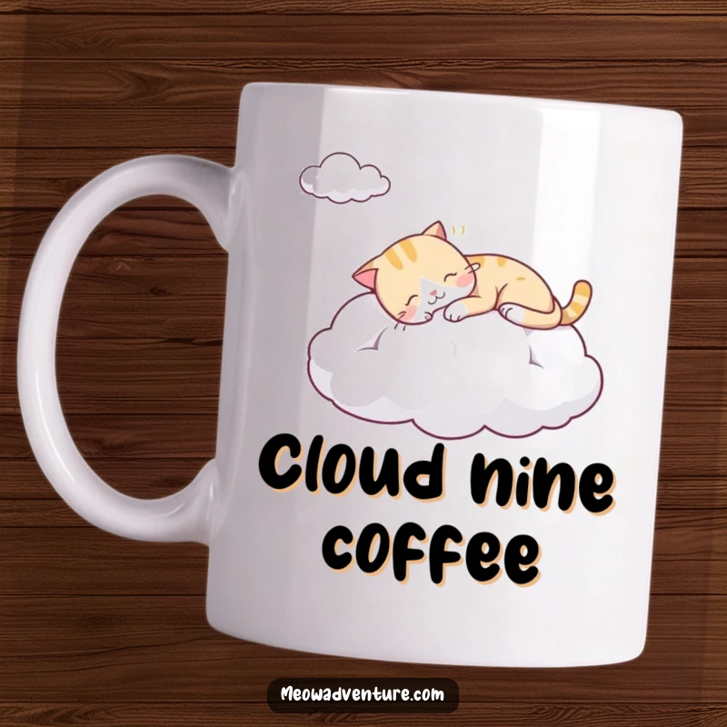 Funny mug showing a peaceful, sleepy cat napping soundly on a soft, fluffy cloud, evoking tranquility and comfort.