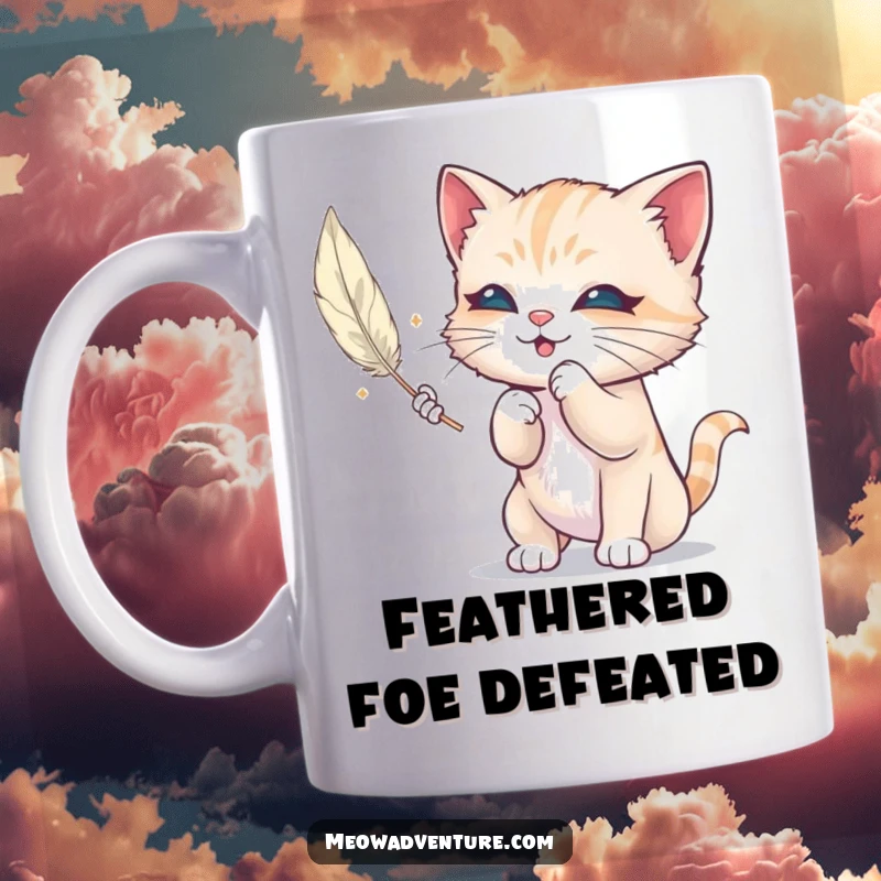 Funny mug depicting a mischievous kitten gleefully batting at a delicate floating feather, showcasing playful energy and kitten antics.