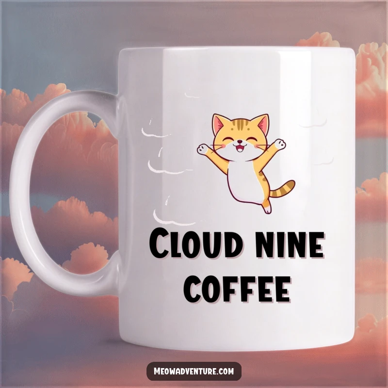 Funny agile cat gracefully jumping between fluffy, cartoonish clouds in a whimsical, humorous scene on a mug.