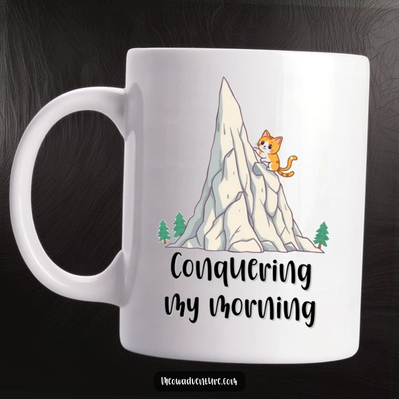 Funny Cat Mug: A brave cat character determinedly climbs a tall, sparkling crystal mountain, exuding adventurous spirit and humor.