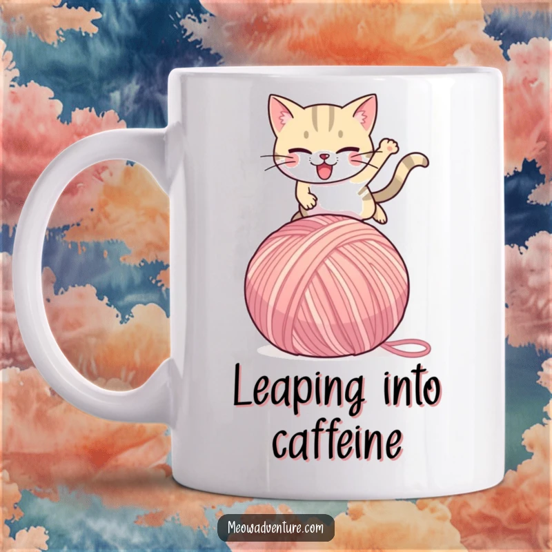 Funny Cat Mug: Determined feline heroically leaps over an oversized ball of yarn, showcasing playful energy and a love for mischief.