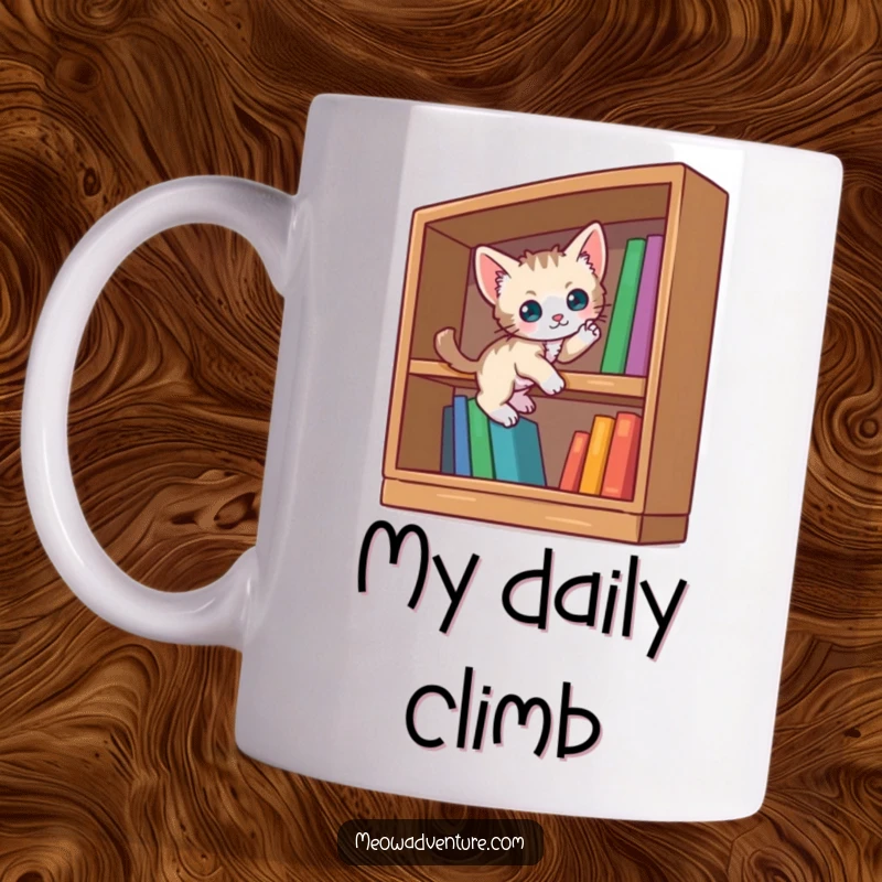 Funny curious kitten mug featuring a small kitten bravely scaling a large, oversized bookshelf. A delightful scene of feline exploration.
