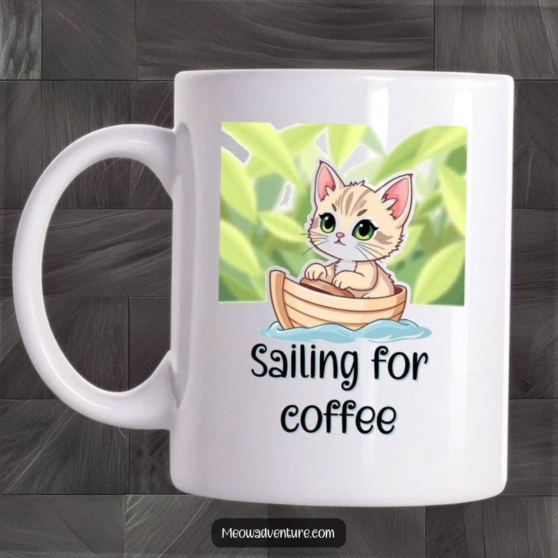 Funny mug featuring a determined kitten with wide eyes, sailing bravely on a tiny leafy boat, a mini maritime adventure.