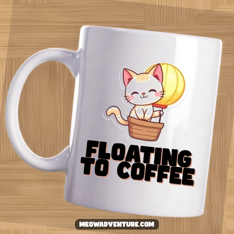 Funny Cat Mug: A mischievous cat gleefully rides a tiny, glowing hot air balloon, soaring through the sky with playful abandon.