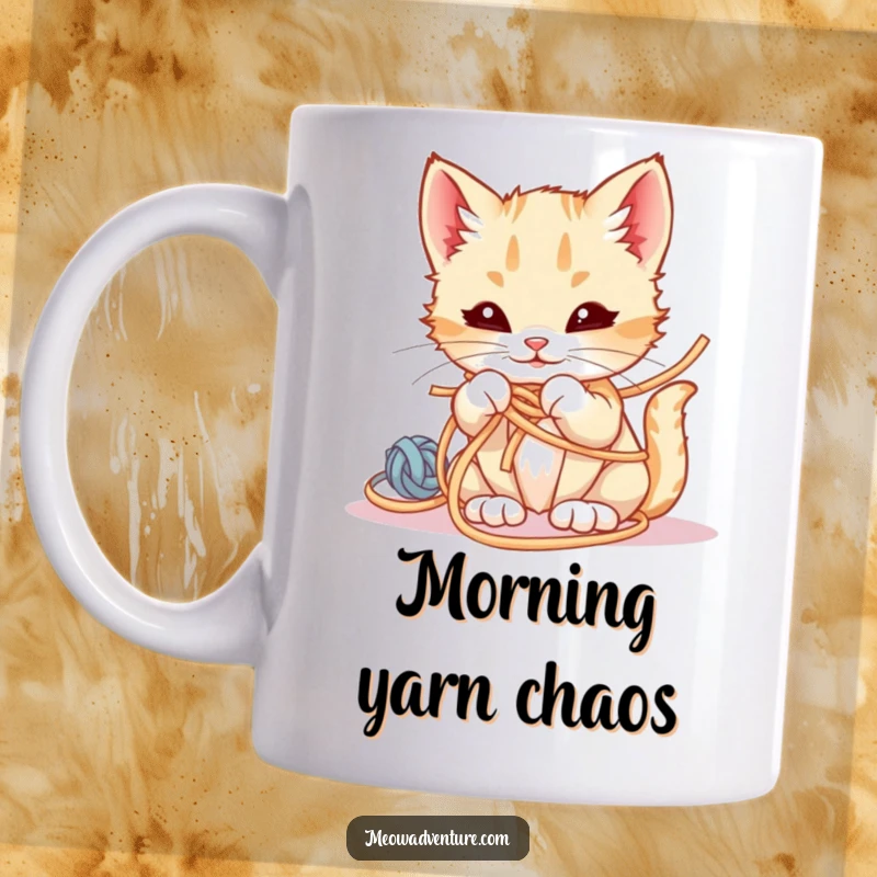 Funny Mug featuring a kitten with a sly smirk, hilariously tangled in a colorful ball of yarn.