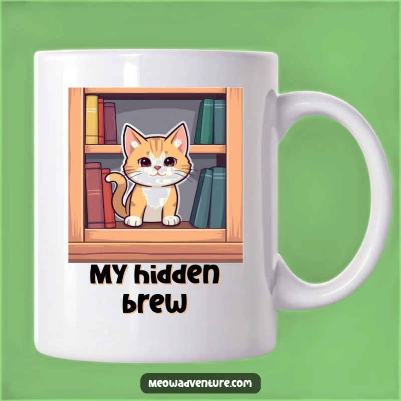 Funny Mysterious Cat Mug: Bookshelf Secret - Intriguing Gift!