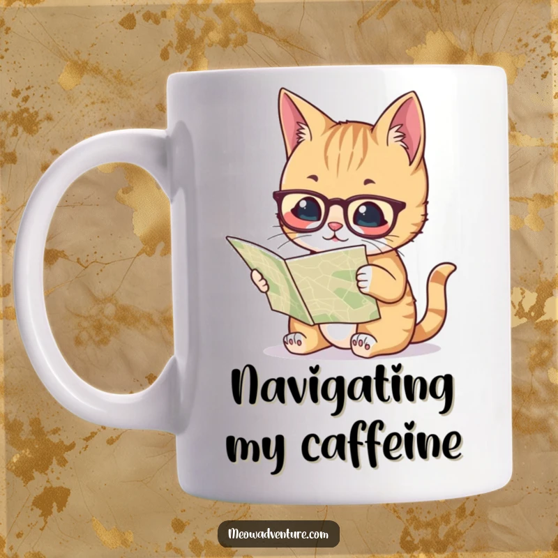 Funny mug showing an intelligent cat wearing spectacles, intently studying a map and planning its next exploration.