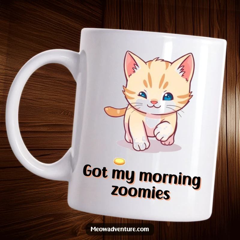 Playful kitten mug featuring a cute cat comically chasing a red laser pointer dot across a floor, full of energy.