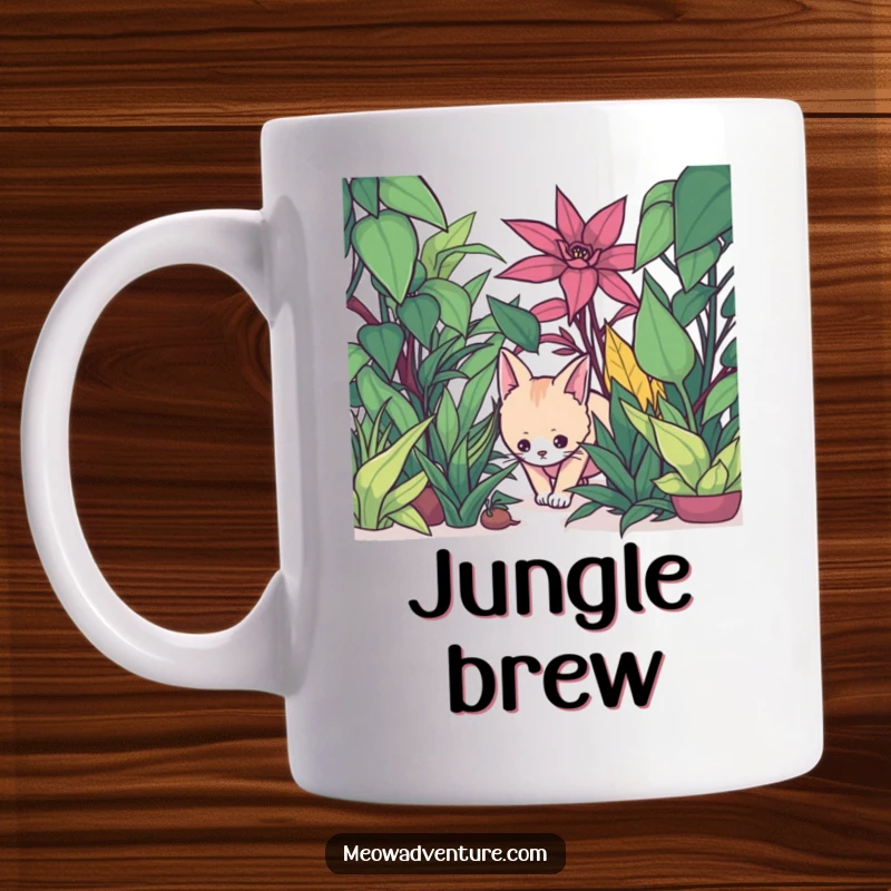 Funny cat mug showing a stealthy feline creeping through a dense jungle of oversized houseplants.