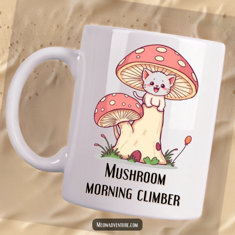 Funny ceramic mug of a brave kitten joyfully scaling a giant, whimsical mushroom with determined effort.