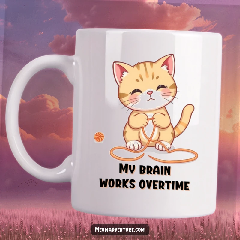 Funny cat mug, clever feline navigating a yarn maze with determination, showcasing intelligence and humor for a delightful gift.