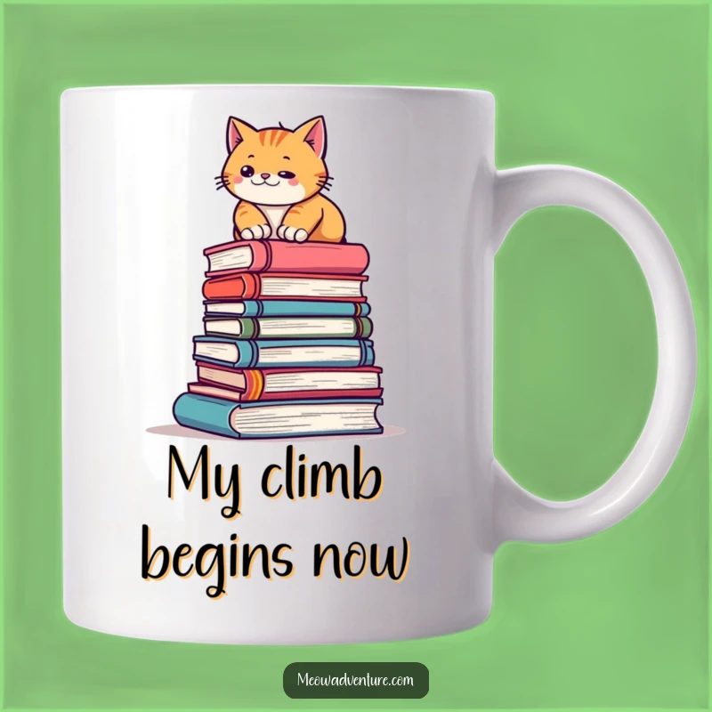 Funny Cat Climbing Books Mug - Hilarious Literary Adventure Gift for Book Lovers