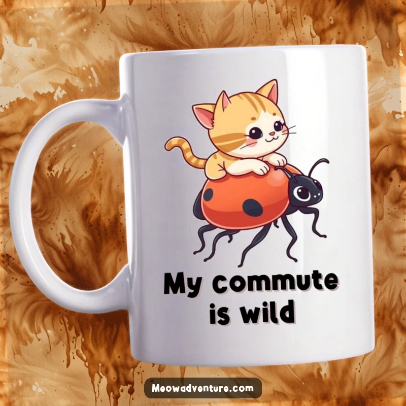 Funny mug showcasing a mischievous cat joyfully riding a giant ladybug, capturing a whimsical and adventurous spirit.
