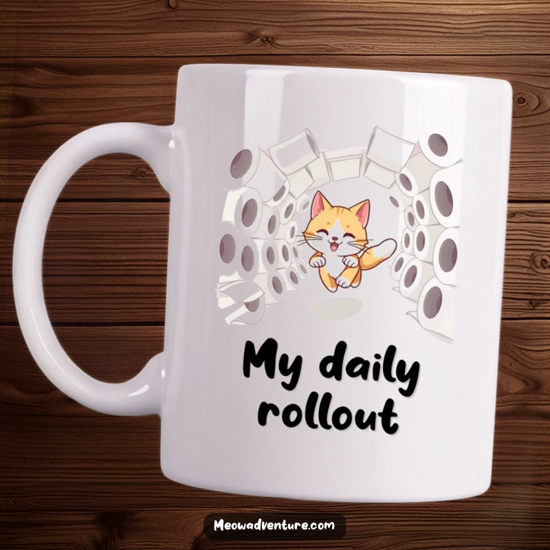 Funny swift cat dashing at high speed through a tunnel made of toilet paper rolls, on a humorous mug.