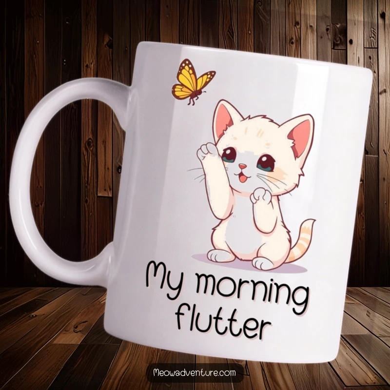 Funny curious kitten with paws up, playfully batting at a dangling butterfly, printed on a mug, capturing a moment of fun.