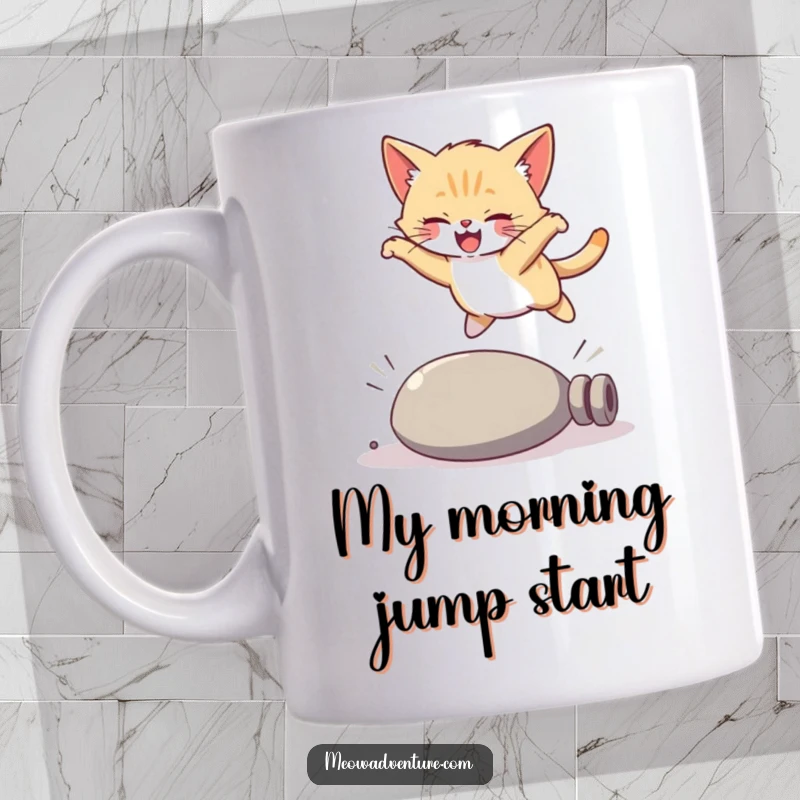 Funny kitten mug, a joyful cat gracefully leaping over a fallen object, full of playful energy and charm.