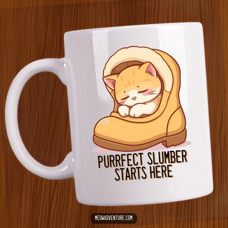 Funny mug with a sleepy cat curled up comfortably inside a boot, like a tiny, adorable, and warm bed.