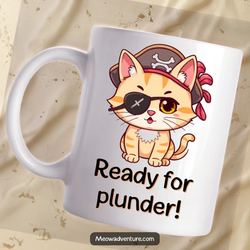 Funny mischievous cat wearing a pirate eye patch and feathered hat, looking adventurous on a coffee mug.