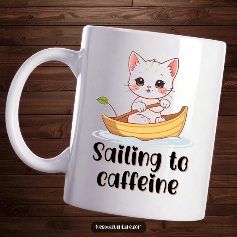 Funny mug featuring an adventurous kitten rowing a tiny leaf boat, dreaming of grand voyages, a delightful gift.