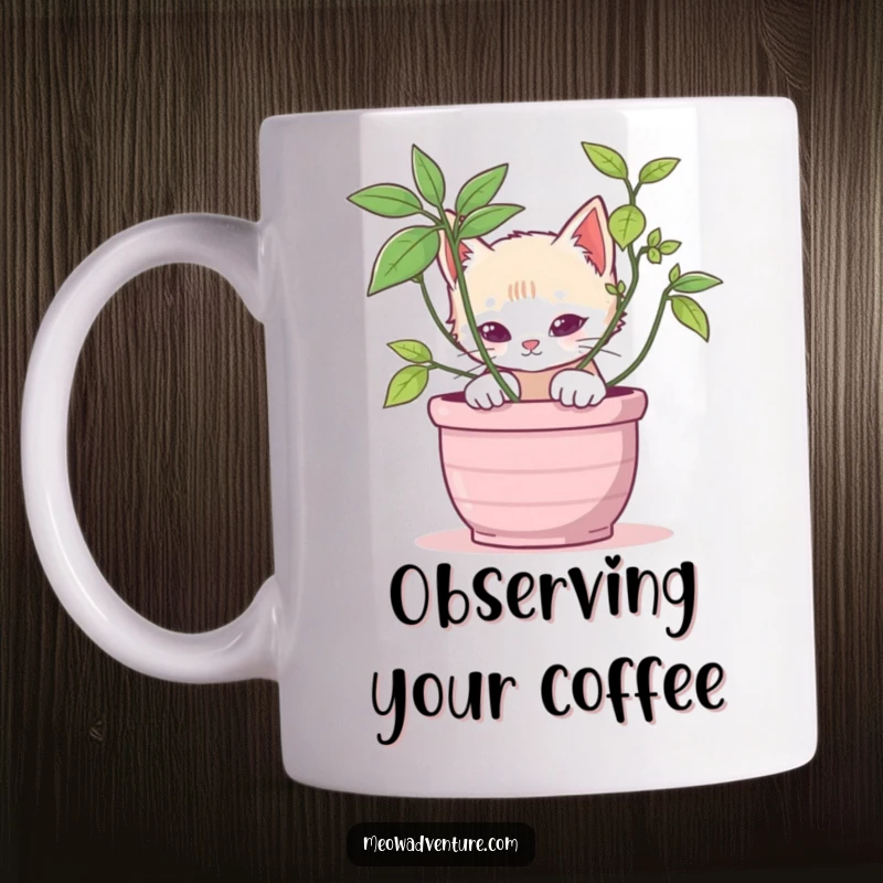 Stealthy kitten mug featuring a cute cat peeking from behind a potted plant, embodying playful mystery and curiosity.