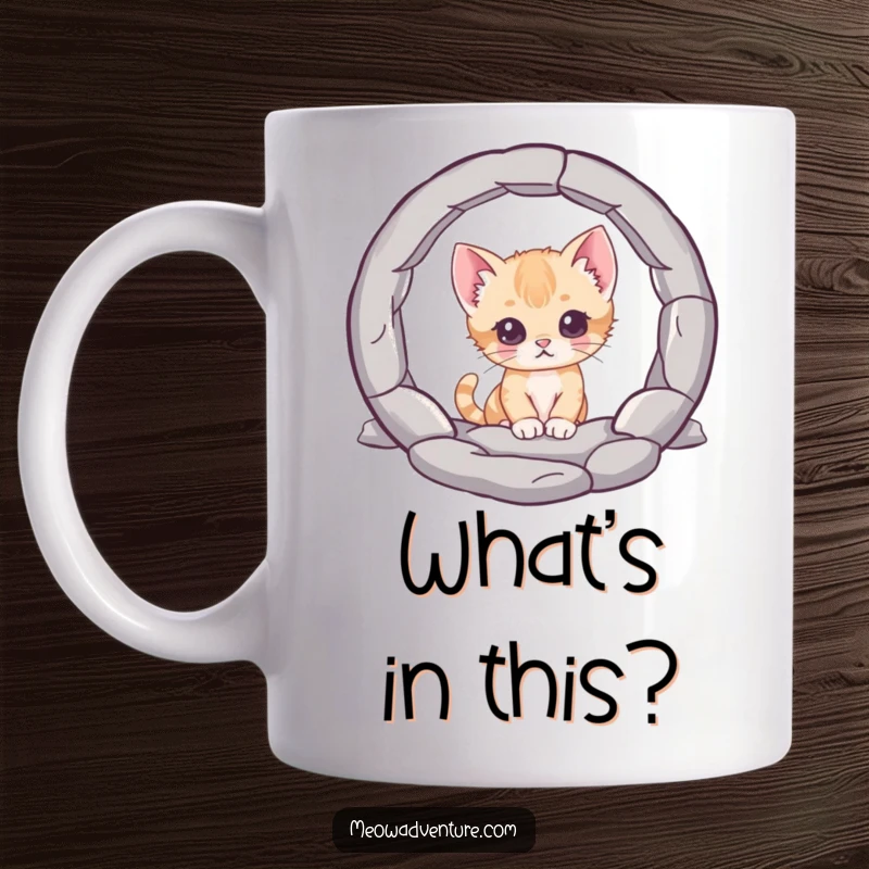 Funny mug, a curious kitten character peering into a mysterious portal, conveying wonder, exploration, and a touch of playful mystery.