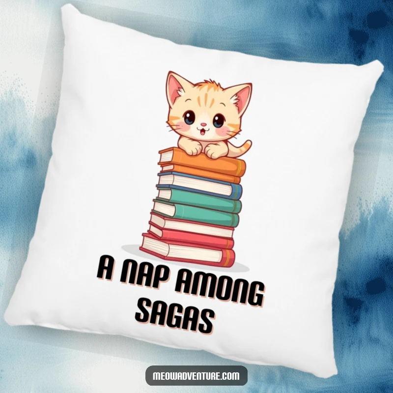 Adventurous kitten pillow with a cat climbing a stack of books, offering soft comfort and literary-themed decor.