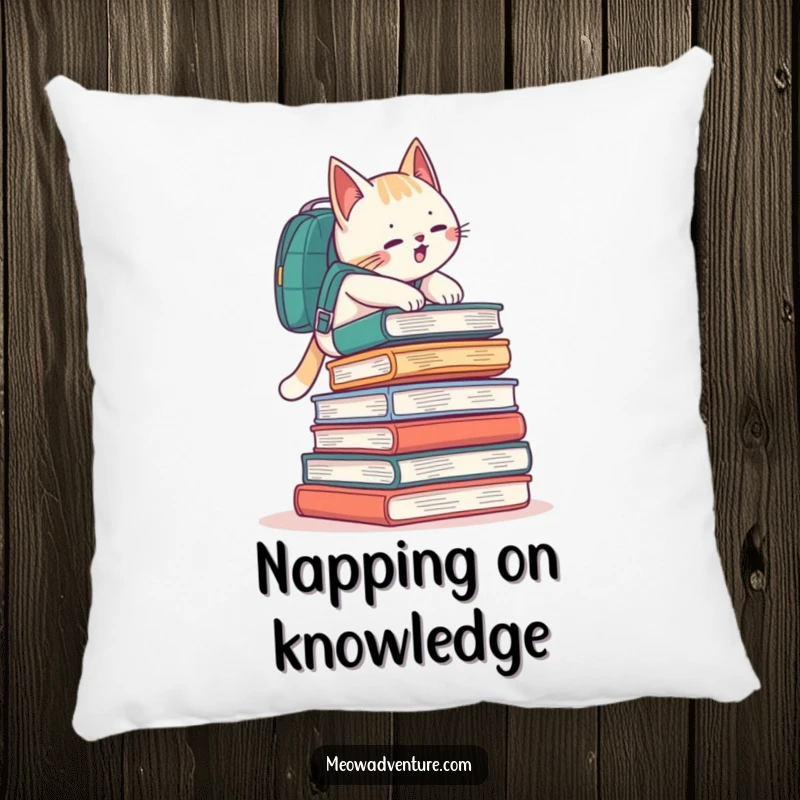 Funny cat wearing a backpack, climbing a book mountain, printed on a soft and inviting pillow.