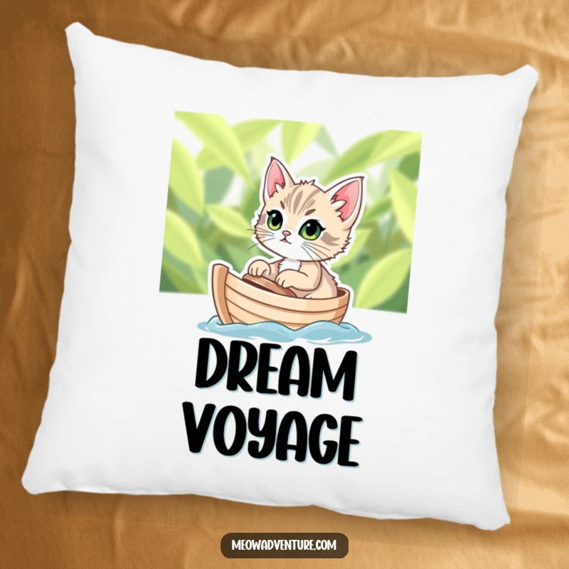 Funny pillow with a determined kitten sailing on a tiny leafy boat, offering soft comfort and adventurous, humorous charm.