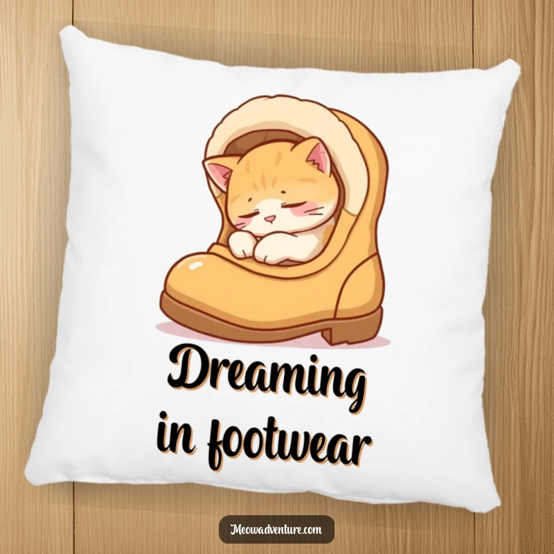 Funny pillow decorated with a sleepy cat nestled cozily inside a boot, perfect for adding humorous comfort to any room.