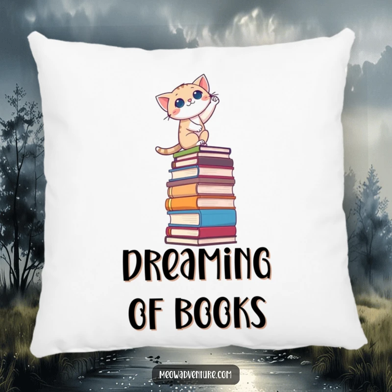 Funny pillow depicting a cat bravely scaling a tall stack of books, perfect for adding a touch of cozy adventure.