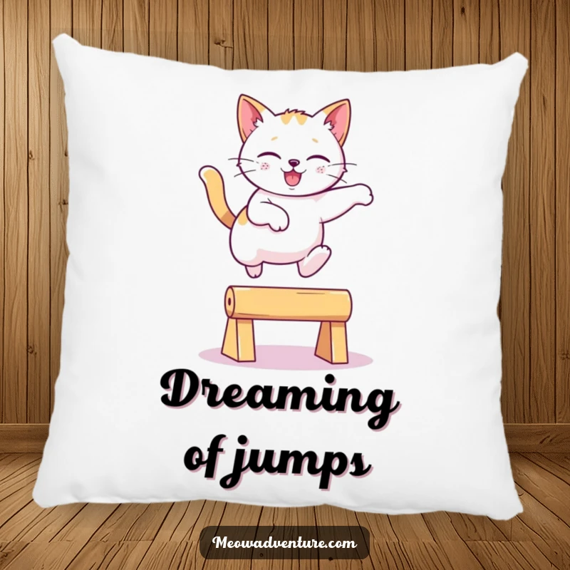 Funny playful cat leaping gracefully over an imaginary obstacle on a soft throw pillow, a cute and funny gift.