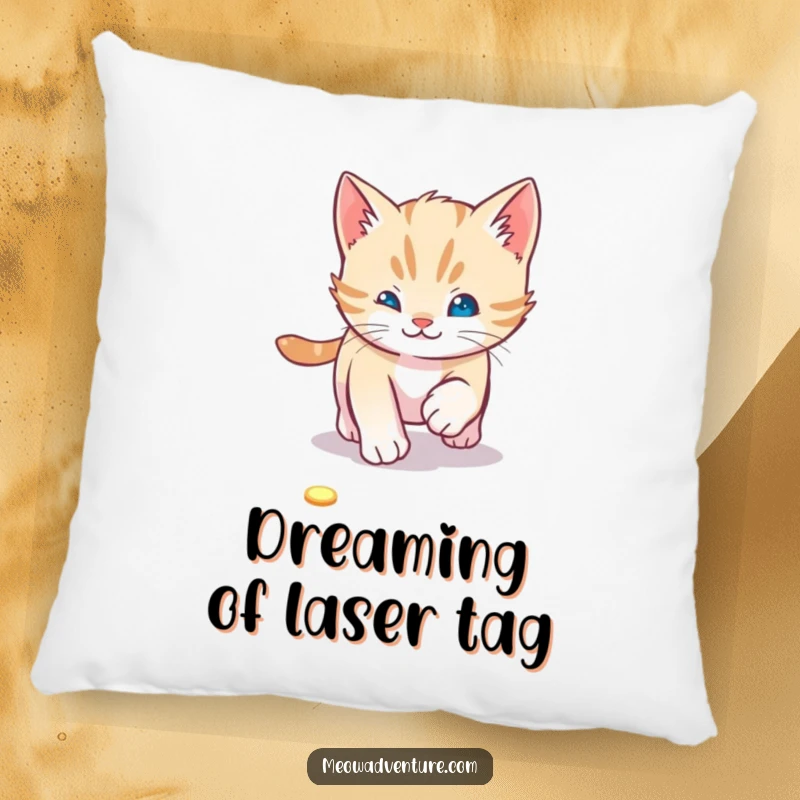 Playful kitten pillow featuring a cat comically chasing a laser pointer dot, offering soft comfort and humorous decor.