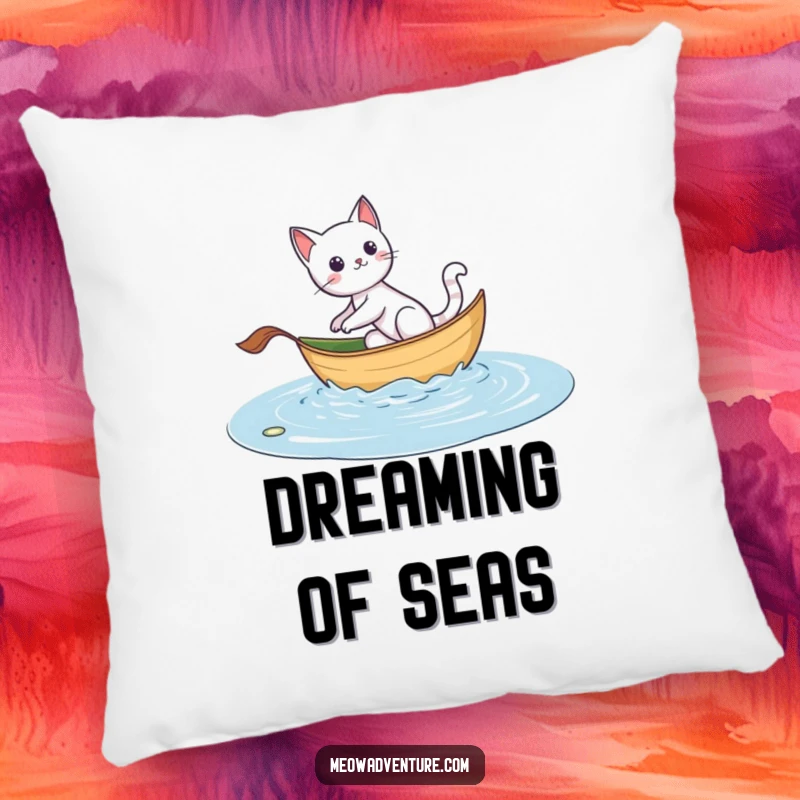 Funny pillow with an adventurous cat sailing on a leaf boat, offering comfort and inspiring bravery.