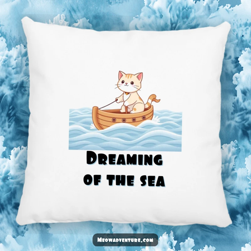 Funny pillow featuring a brave cat navigating a toy boat across a carpeted floor, creating a humorous, whimsical scene.