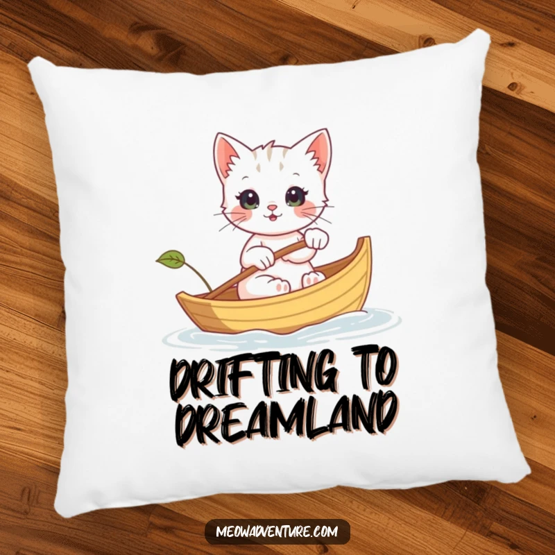 Funny pillow featuring a kitten rowing a tiny leaf boat, perfect for adding a cozy and adventurous touch to any room.