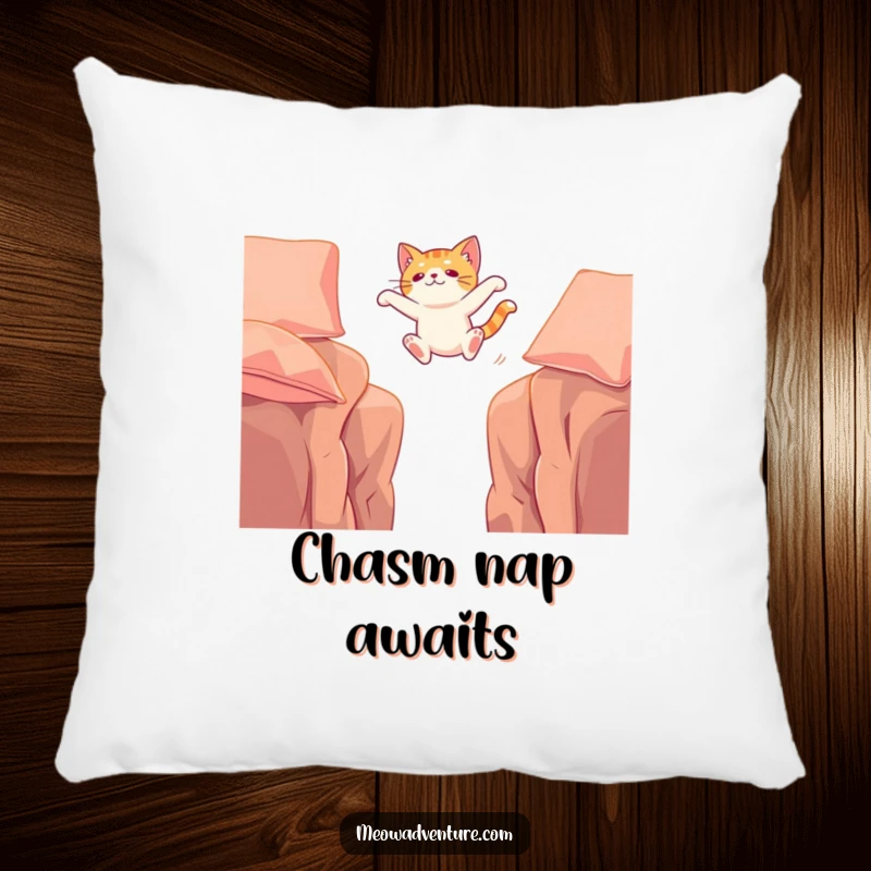 Funny pillow depicting a cat in the midst of a daring leap between two sofa cushions, embodying excitement and comfort.