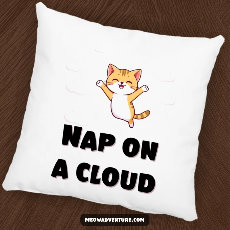 Funny agile cat jumping between cartoonish clouds, on a soft and decorative pillow.